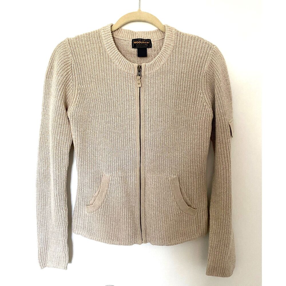 VTG Woolrich Full Zip Cardigan Sweater Womens Tan Ramie Cotton Front Pockets S